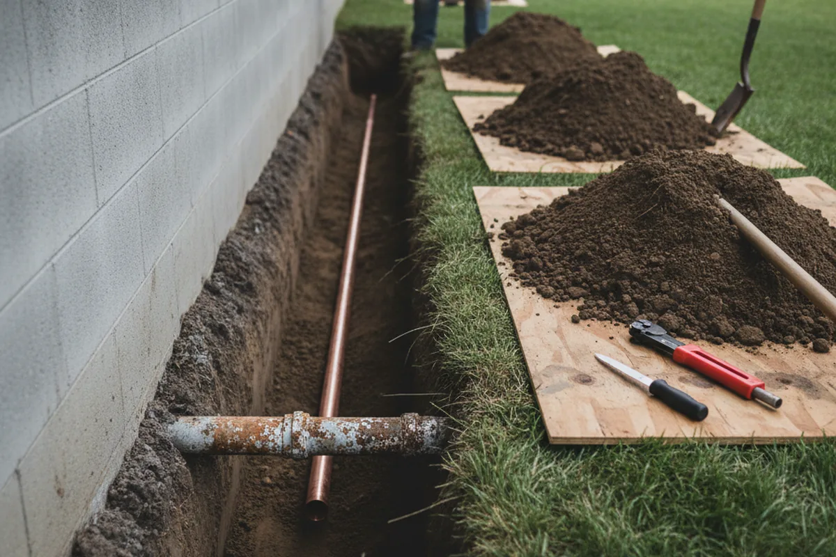 Excavated water line trench during Water Heater Repair in Clint